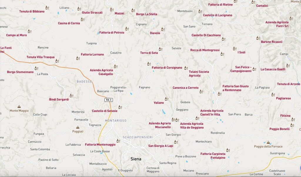 Mappa delle cantine nel Chianti Classico nella zona di Siena