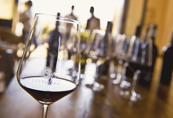 Calice di vino Etna Rosso sul tavolo durante la degustazione, con altri bicchieri e bottiglie sullo sfondo