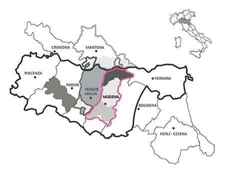 Mappa geografica con le province dell'Emilia Romagna con la provincia di Modena doc in evidenza