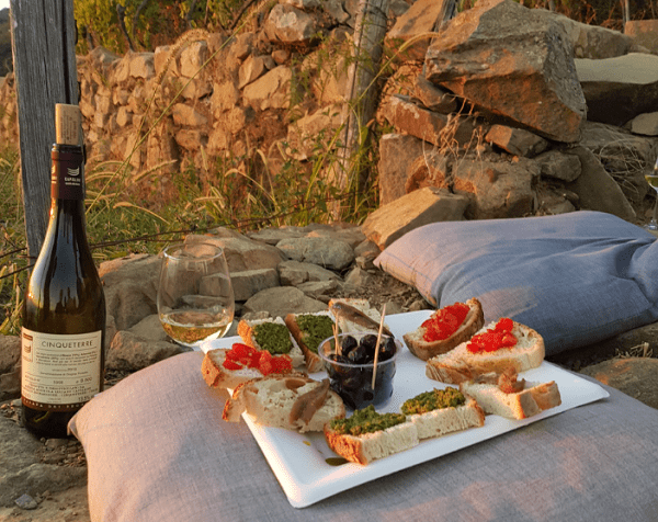 Calice con piatto di stuzzichini su cuscini per aperitivo in vigna nelle Cinque Terre