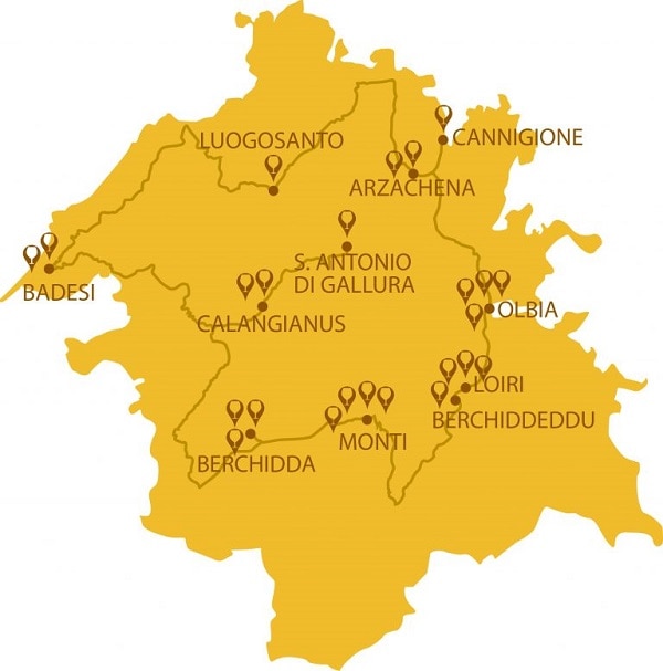 Cartina geografica con i comuni della DOCG Vermentino di Gallura