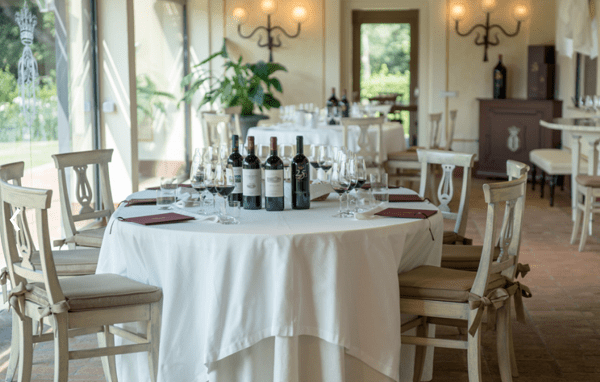 Sala degustazione con tavoli e bottiglie della cantina Ornellaia 