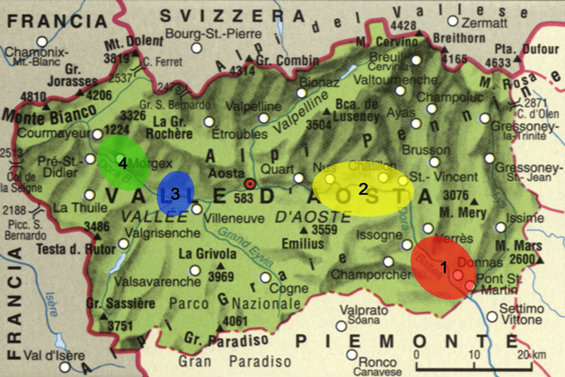 Mappa del tour tra le migliori cantine della Valle d'Aosta