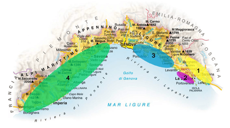 La regione Liguria con evidenziate alcune zone vocate all'enoturismo utili per scoprire i Migliori Vini della Liguria di UNTOLD 2026