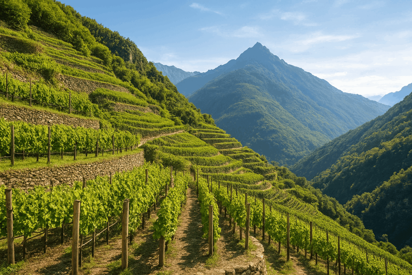 Migliori Vini della Valle d’Aosta di UNTOLD 2026: Un'immagine dei vigneti che si arrampicano su pendii scoscesi e terrazzati