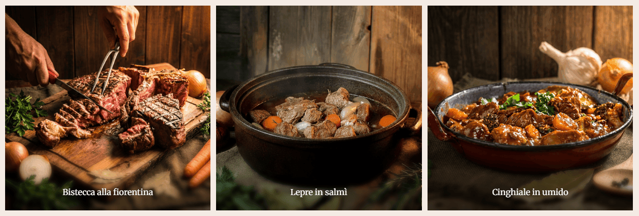 Trio of Tuscan specialties: Florentine steak, jugged hare, stewed wild boar