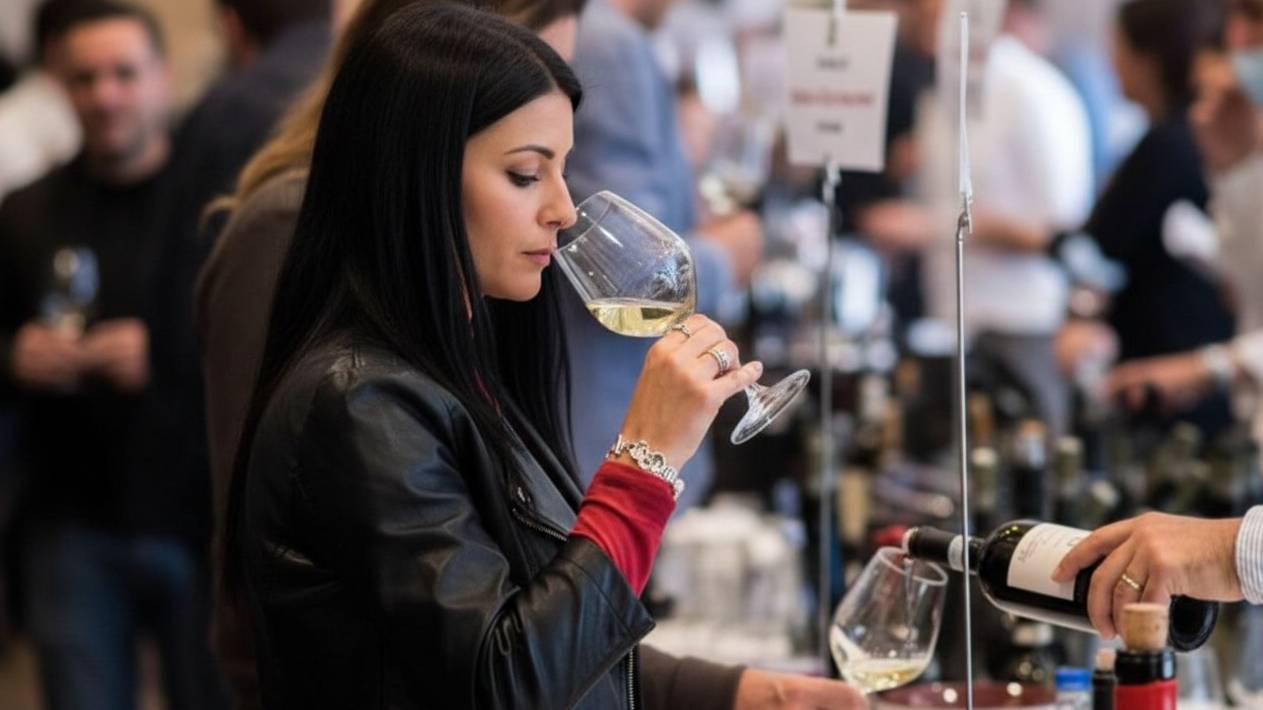 Beviamoci Sud Roma 2026. Un'immagine della passata edizione raffigurante una ragazza intenta ad annusare un calice di vino bianco