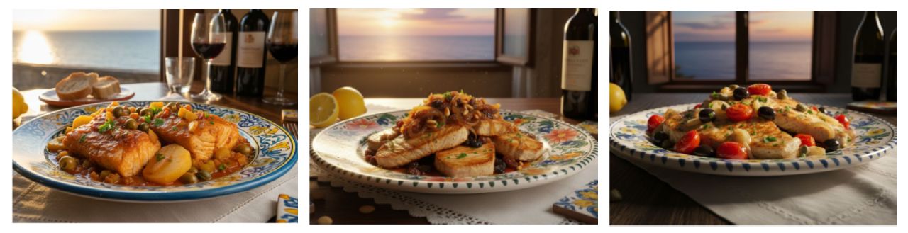 Abbinamenti possibili con il pesce per il Faro DCO Rasocolmo. Nell'immagine Pesce Spada alla ghiotta, Tonno in agrodolce e Tonno con Cipolle