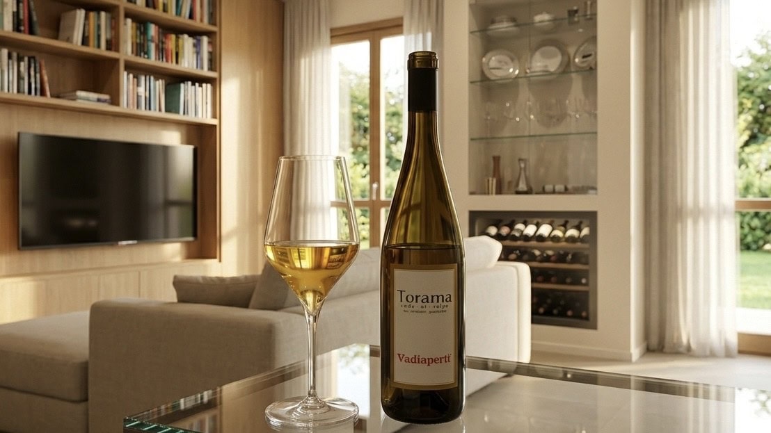 Immagine di una bottiglia di Torama Vadiaperti 2022 e un calice di vino bianco su un tavolo in un soggiorno luminoso, con libreria e vista sul giardino.