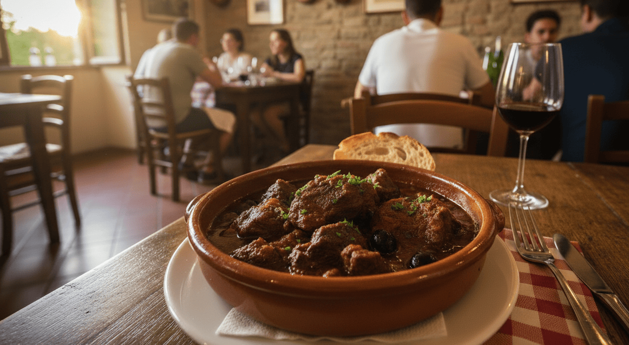 Stewed wild boar dish in a rustic restaurant with customers at the table.
