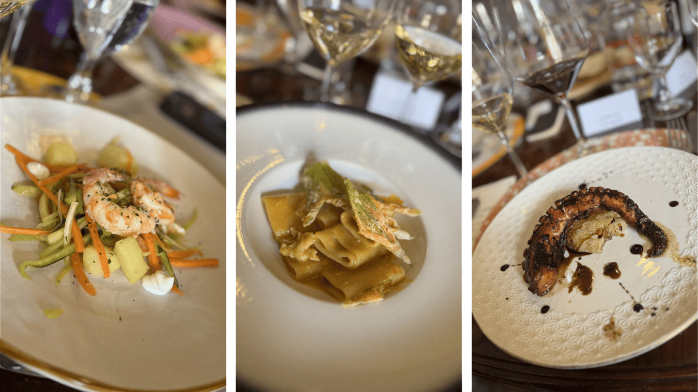 Tris di piatti di mare preparati dal ristorante da Etta di Trastevere a Roma durante il Press Lunch organizzato dalla Cantina Zorzettig